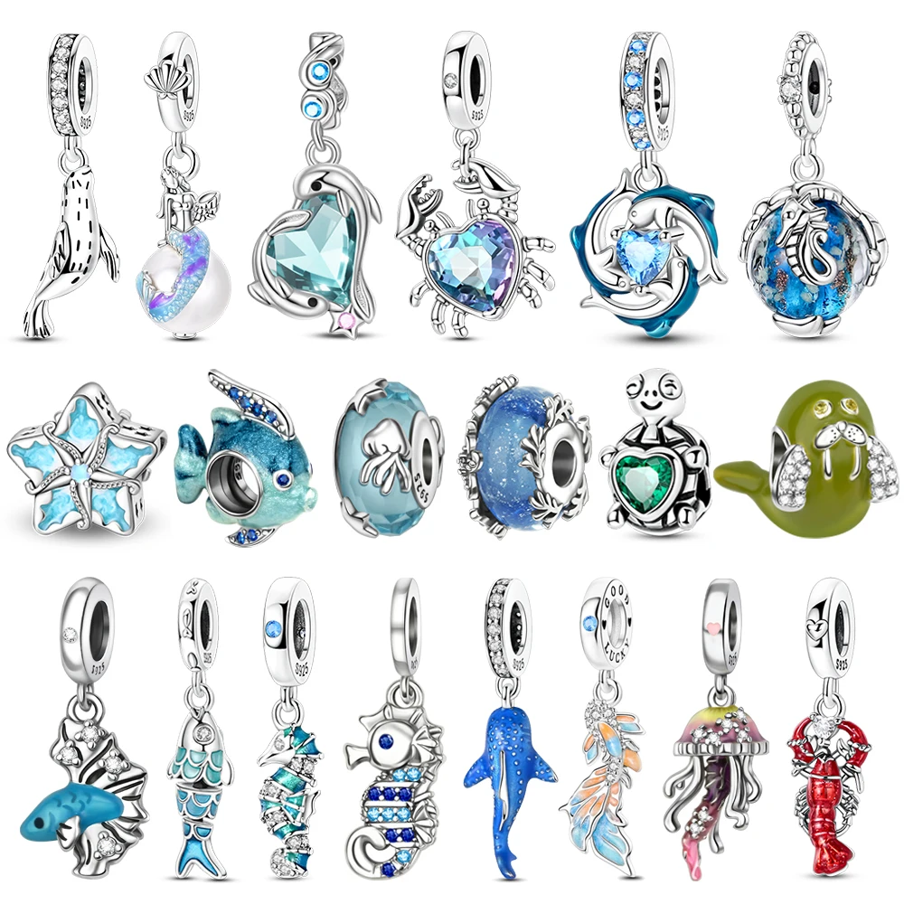 Серия-ocean-стерлинговое-серебро-925-пробы-медуза-морские-водоросли-краб-дельфин-морской-конек-краб-синий-шарм-подходит-для-браслета-«сделай-сам»-ожерелье-подарки-на-вечеринку