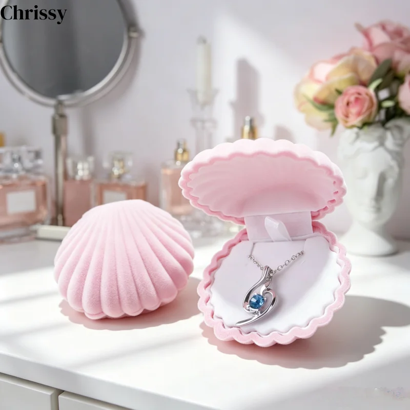 Velvet Shell Jewelry Organizer Box, Storage Case for Ring Earring Pendant Necklace, Fashion Flip-Open Gift Box