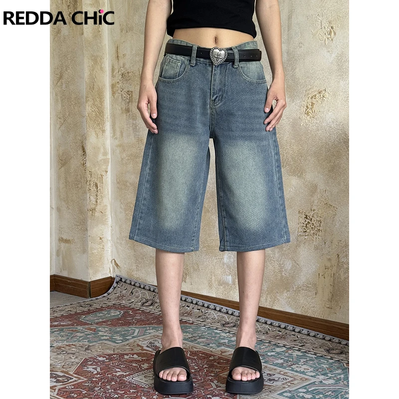 

ReddaChic Y2k Whiskers Denim Bermuda Pants Women Jorts Retro Wash Low Rise Pockets Baggy Jean Shorts Street Summer Everyday Wear
