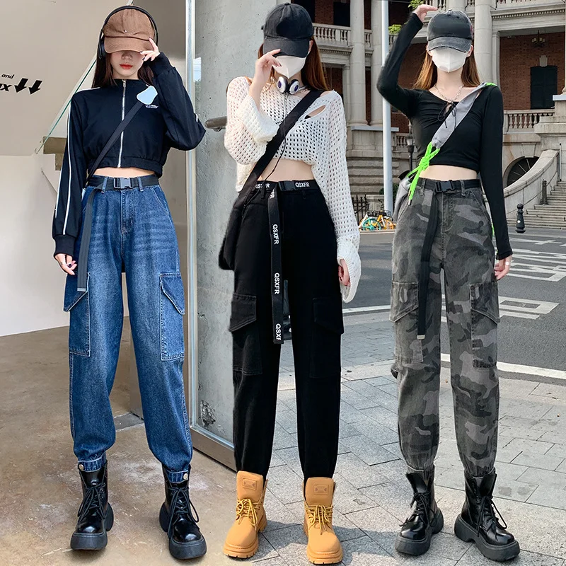 Retro Hot Girls Cargo Harem Jeans Women High Waist Loose Slim Bottoms Autumn Camouflage Dad Pants Streetwear Trousers Clothing