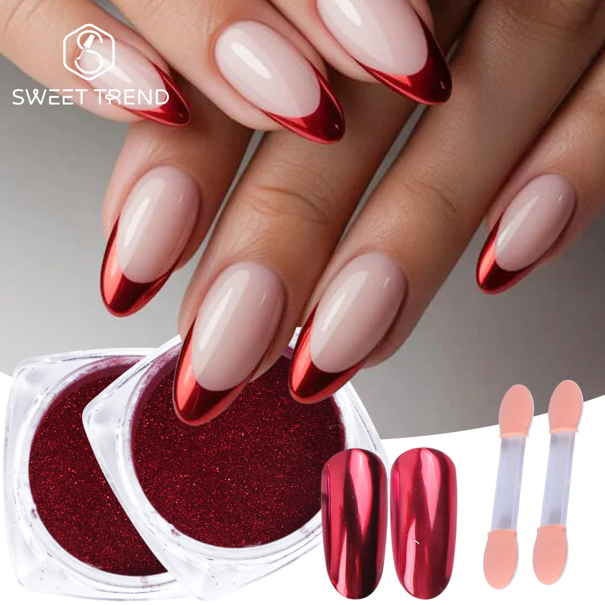 2 szt. Czerwony Metaliczny Efekt Lustra Chromowany Puder do Paznokci Walentynki Błyszczący Pyłek do Wcierania Nowy Rok Metaliczny Brokat Dekoracja Manicure Efekt Flash