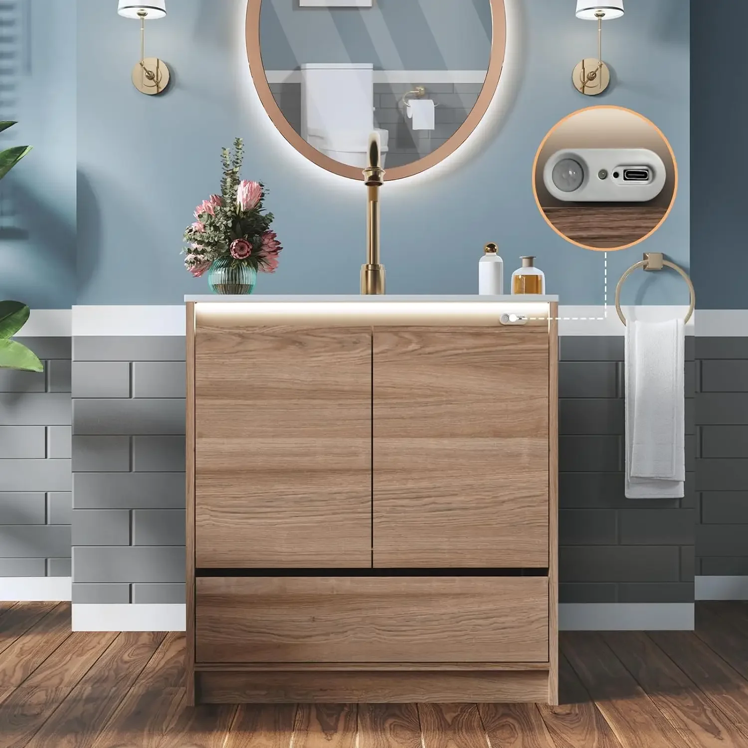 

LED Lights Bathroom Vanity with Sink Combo, Motion Sensor Lights Mid-Century Modern Small Single Bathroom Cabinet Set