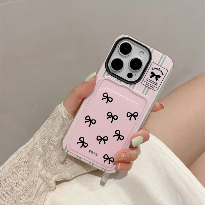 Card bag transparent hollow striped black bow phone case For iPhone 11 12 13 14 15 16 pro max