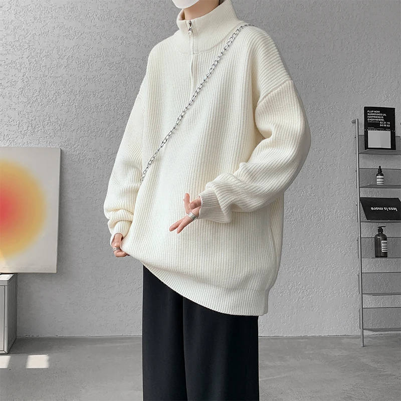 2025 Autumn Winter Commuting Style Gray Half-Zip Simple Sweater Men's Loose Stand Collar Black White Knitted Cardigan