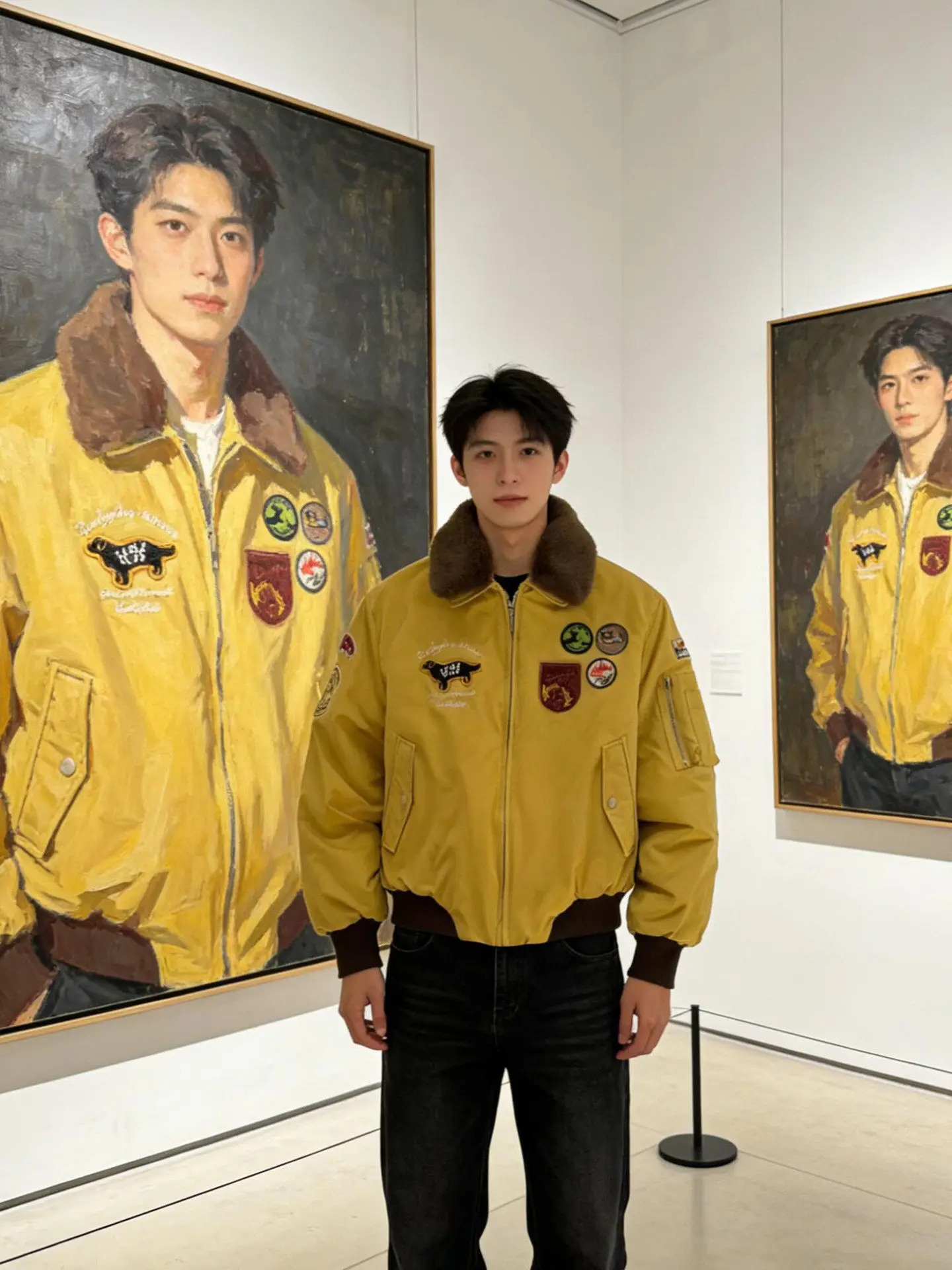 

Yellow Embroidered Flight Jaet Cotton Coat Men Winter Cold Proof ort Fur Collar Cotton Clothes High Sense Cool Outerwear