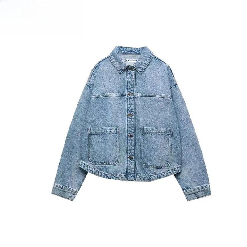 

Осень 2024, женский свободный универсальный джинсовый джинсовый джинт с накладкой, универсальная верхняя одежда с длинным светом и отложным воротником