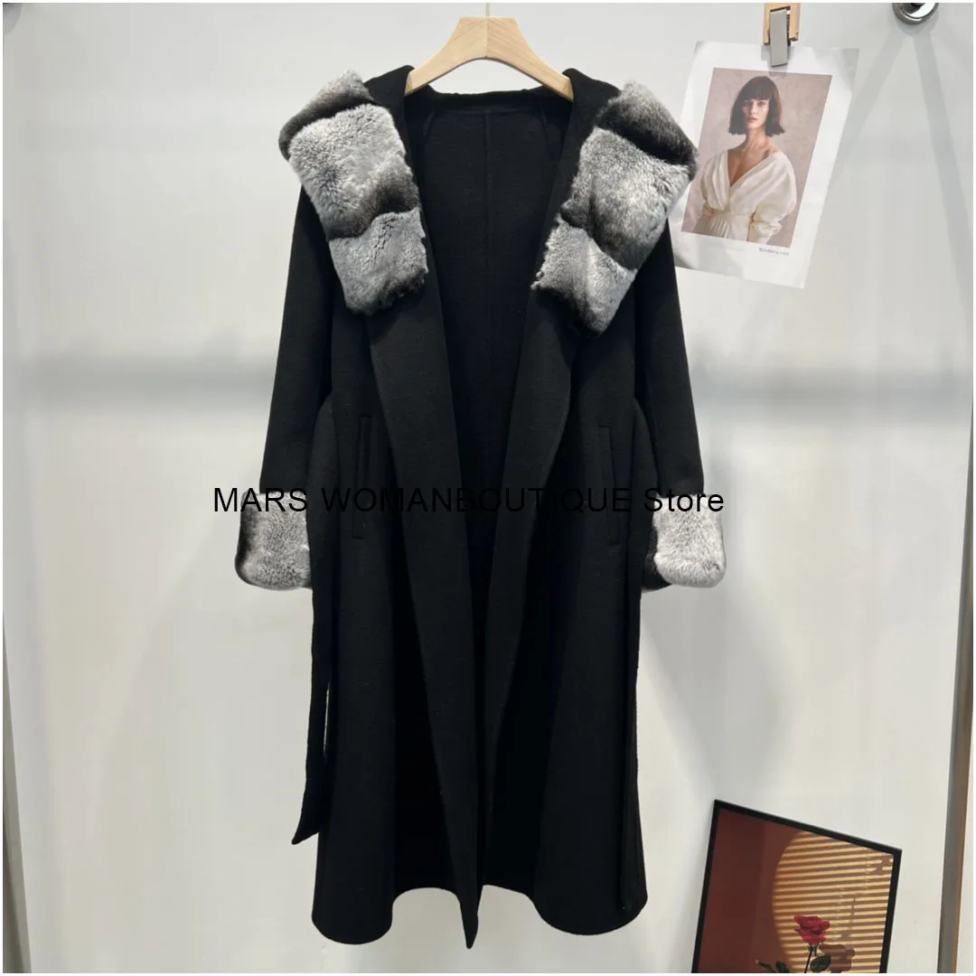 Fur Collar Woolen Coat For Women 2024 Autumn New Slim Fit Double-Faced Cashmere Coat Light Luxury Style