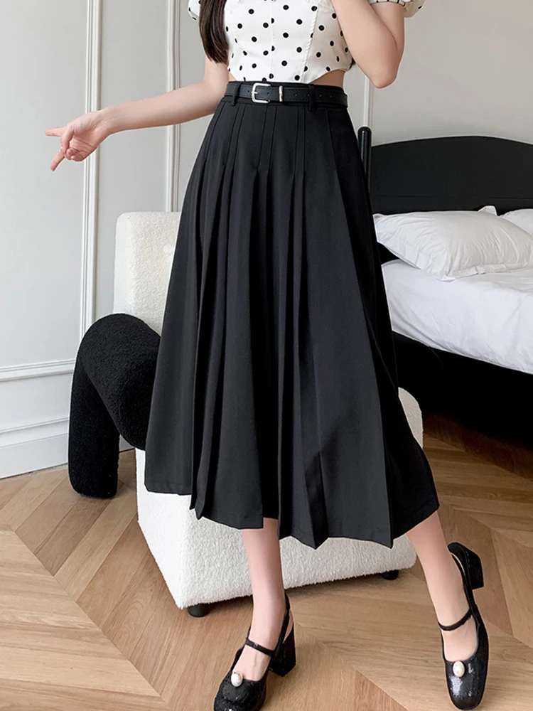 خمر عالية الخصر مطوي التنانير الطويلة للمرأة الربيع مكتب ارتداء ميدي ألف خط تنورة المرأة حزام رمادي وردي أسود Saia Plissada