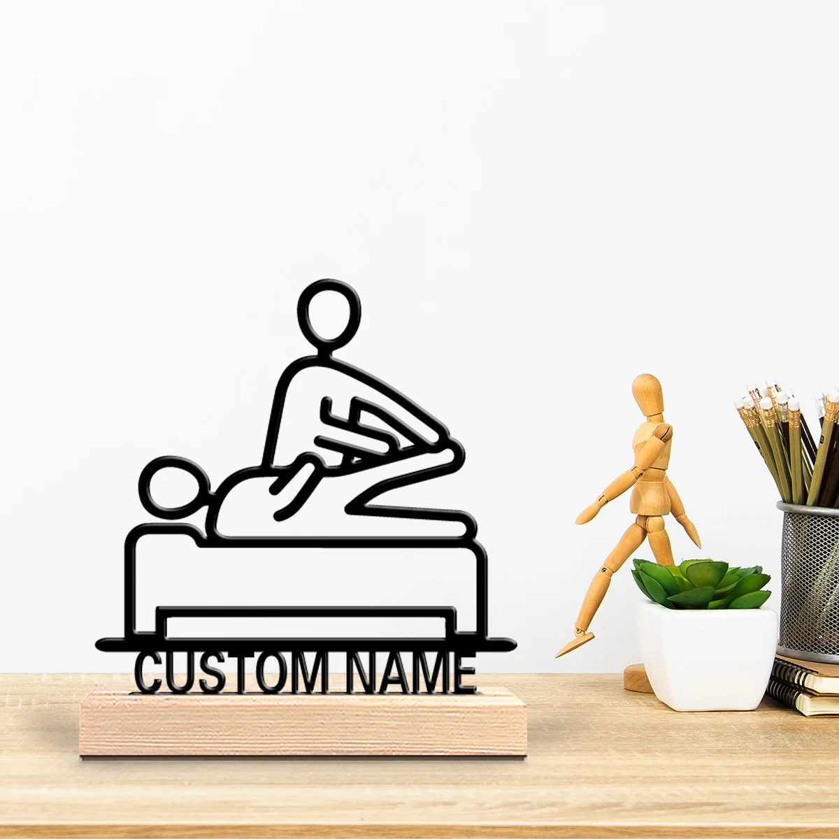 1pc Abstract Masseur Customized Text Metal Statue Iron Ornament Art Crafts With Wood Base With Wood Base Bedroom Table