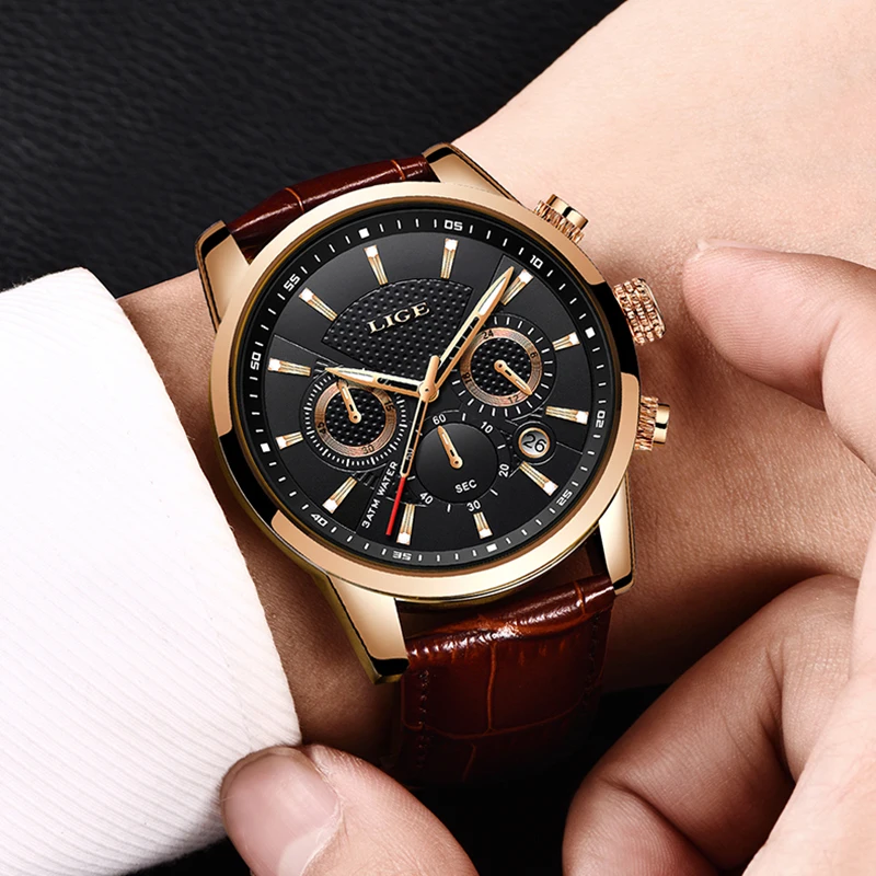 LIGE Luxury Watch Men Leather Sport Watches Men\'s Army Military Quartz Wristwatch Chronograph Male Clock Relogio Masculino+BOX