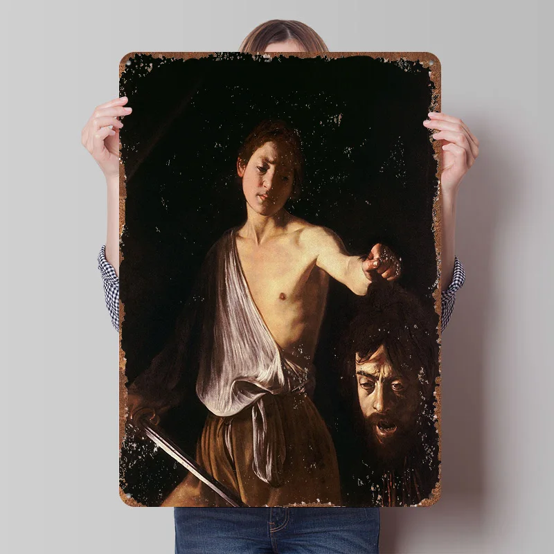David mit dem Kopf von Goliath Poster Individualisierte Wandkunst Vintage Metallschilder Retro Blechschild für Männerhöhle und Dekoration