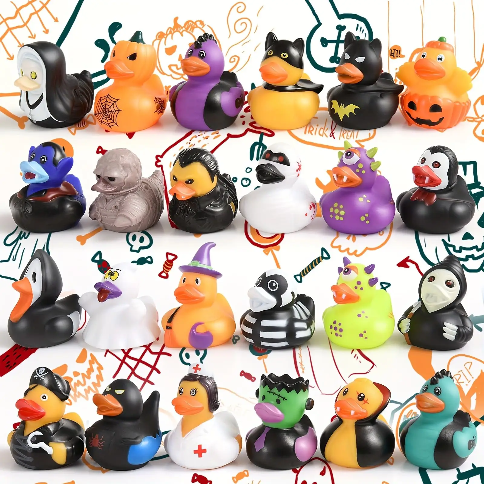 48PCS Halloween Rubber Duck,2“Assorted Halloween Themed Rubber Ducks Evil Funny Bath Ducky Toy Decor for Halloween Party Favor