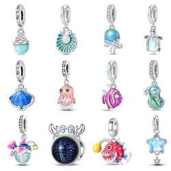 Summer Ocean Series 100% 925 Sterling Silver Blue Luminous Jellyfish Seashells Fish Charms Beads Fit Qikaola Bracelets Jewelry