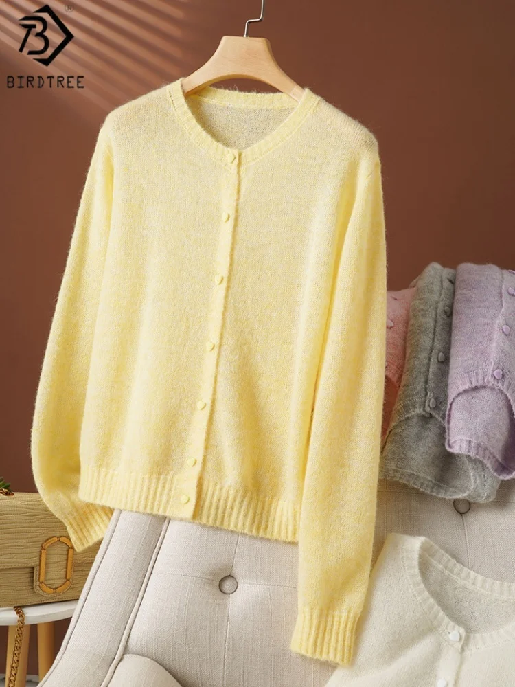 

Birdtree 38% вязаный кардиган из овечьей шерсти, женский свитер из смеси шерсти с круглым вырезом и длинными рукавами, осеннее однотонное теплое пальто 2023 T59814JF