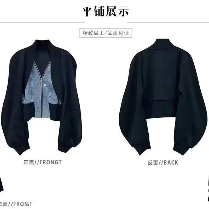 تصميم تحسس المتخصصة الأسود الدنيم خياطة طويلة الأكمام معطف قصير المرأة الربيع والخريف التوابل فتاة وهمية اثنين من سترة القمم