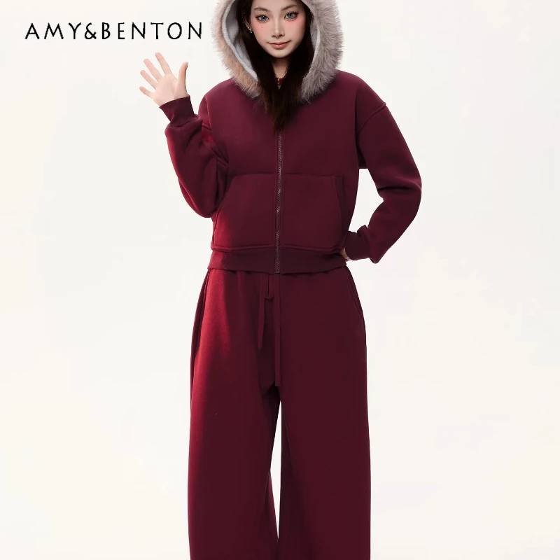 

2026 Spring New Year Atmosphere Red Hooded Women's Sweatshirt Jacket Sweet Cool Fleece Casual Long Pants Two-Piece Set Ladies