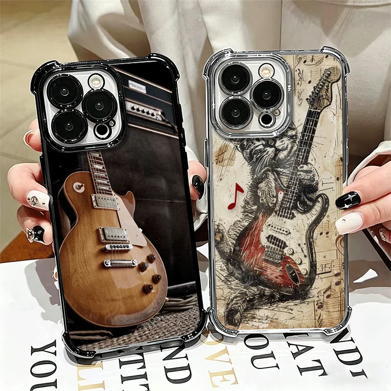 Guitar Retro Rock Music Plating Phone Case For iPhone 16 17 18 Pro Max 17E 16E 14 15 Plus 12 13 Mini 11 XS XR Anti-Fall Protecti