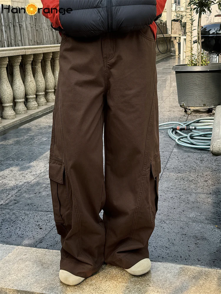 

HanOrange 2026, ранняя весна, ретро, темно-синие, черные, с большими карманами, изогнутые джинсы, женские свободные широкие брюки, зеленый/кофейный