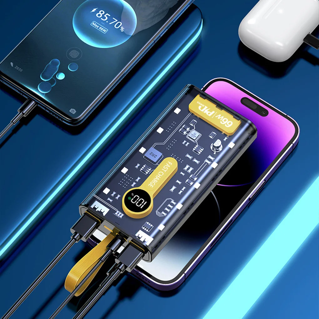 20000 мА, быстрая зарядка, 66 Вт, прозрачный аккумулятор 10000 мАч в стиле панк, поставляется с цифровым дисплеем, портативный источник питания