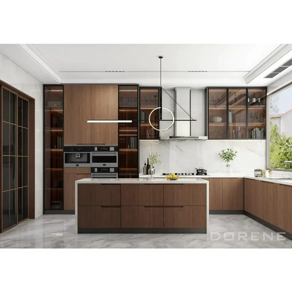 2024 Dorene High End Modern Kitchen Design Walnut Wood Color Veneer Tinted Glass Door Luxury Italian Kitchen Cabinets