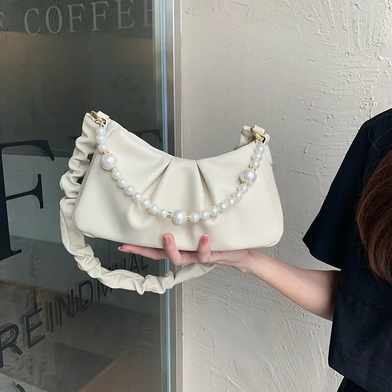 

Fold Women's Clutches Design Pearl chain Sling bag for female Axillary Shoulder bags Small PU Leather Women Luxury handbag bolsa