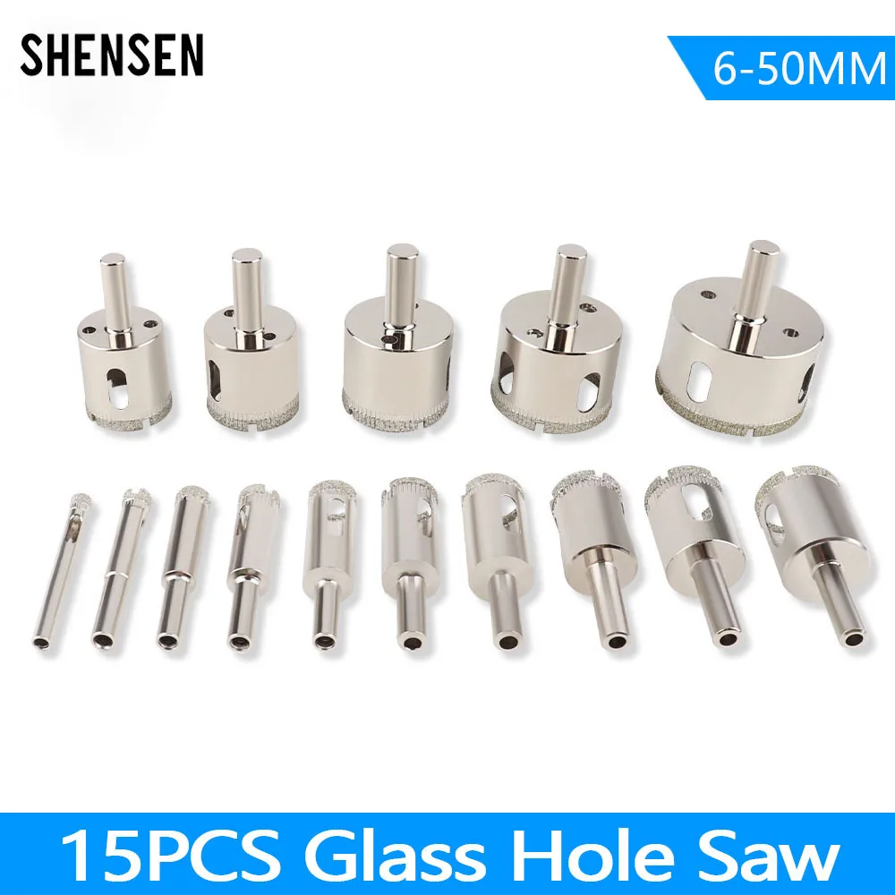 

15 Pcs 6-50mm Glass Hole Saw Diamond Coated Drill Bits Drilling Crown for Tile Marble Ceramic Power Tools