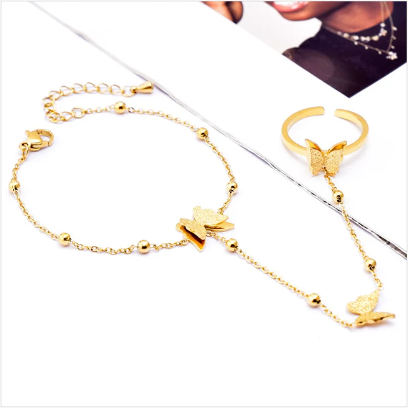316L Stainless Steel New Fashion Upscale Jewelry Beaded Scrub Butterfly Charm Bracelets Back Chain Ring All In One For Women