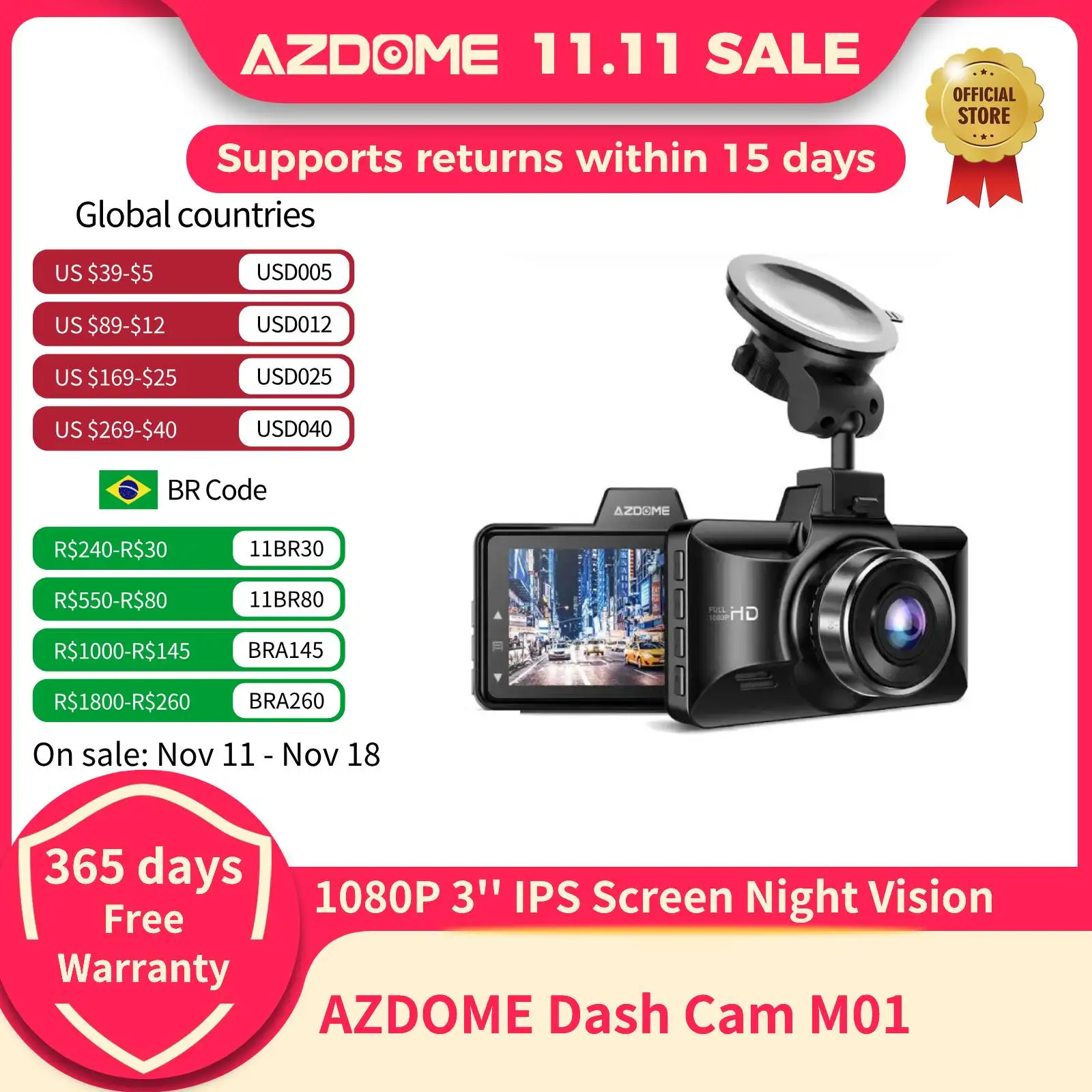 AZDOME M01 Dash Cam 1080P 3'' IPS Screen Night Vision Car Camera Loop Recording G-sensor Audio Recording Car Driving Recorder