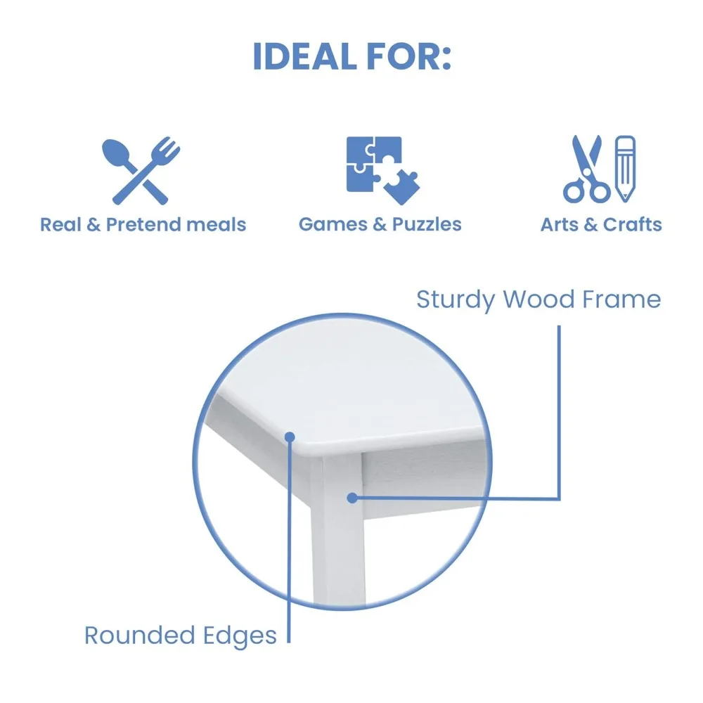 طقم طاولة وكرسي خشبي للأطفال للفنون والحرف اليدوية، وقت الوجبات الخفيفة - معتمد من Greenguard Gold، أبيض، 3 قطع
