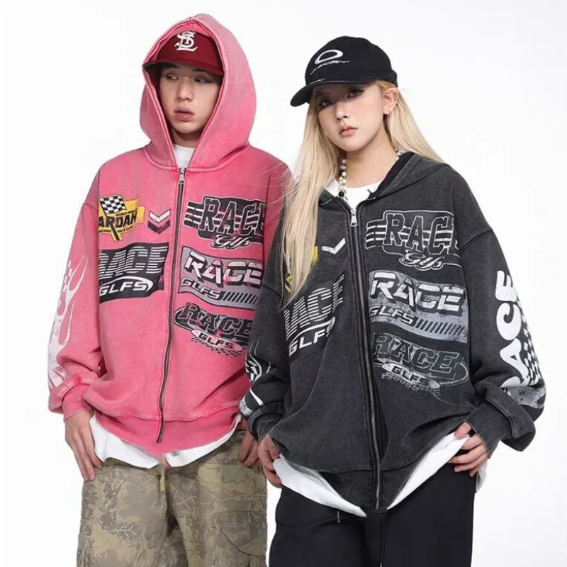 90s Vintage Hip Hop Motorcycle Hoodies Men Women Goth Yk2 Punk Cardigans Hooded Sweatshirts Pink Zippered Bomber Jackets Trendy