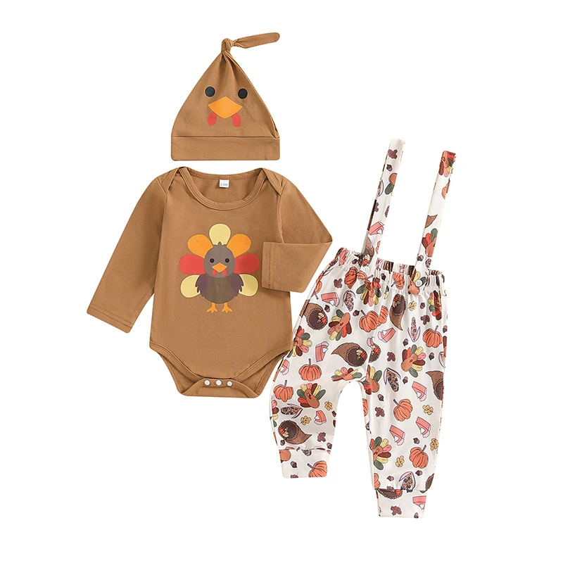 

Baby Boy Outfit Long Sleeve Turkey Print Romper with Overall Pants and Hat Thanksgiving Clothes