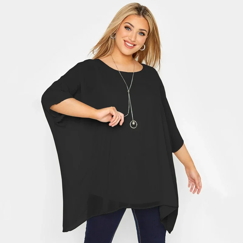 

Plus Size Loose Batwing Sleeve Elegant Summer Cape Blouse Women 3/4 Sleeve Casual Work Office Tunic Tops Large Size Clothing 7XL