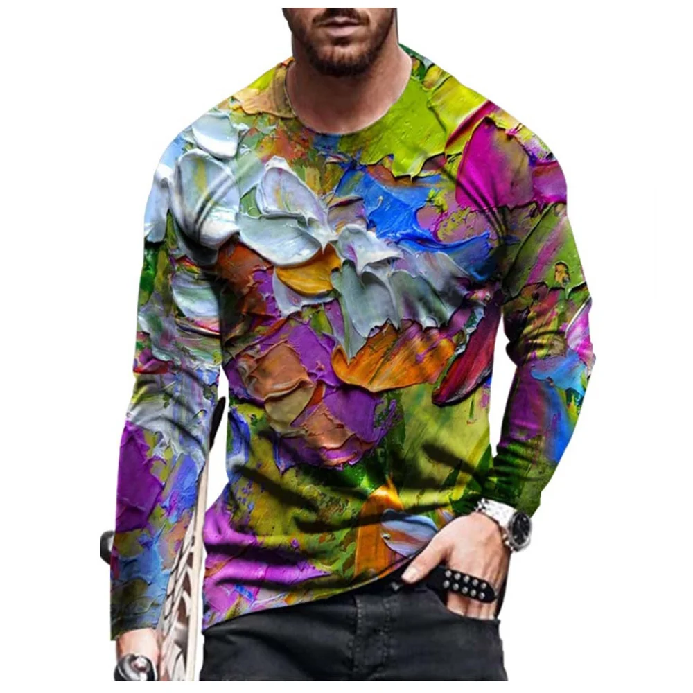 2022 Men's Optical Illusion Graphic Plus Size T-Shirt Print Daily Long Sleeve Tops Exaggerated Around Neck Rainbow Streetwear