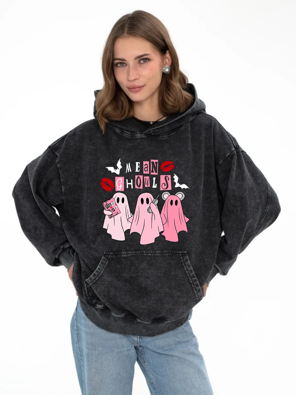 

Autumn Womans Acid Wash Hoodies Mean Ghouls Printing Streetwears Long Sleeves Oversize Cotton Pullovers Casual Female Clothes
