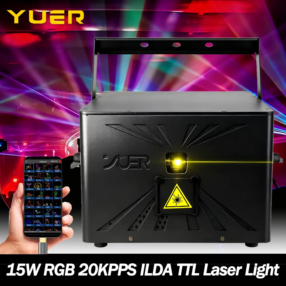 

15 Вт RGB TTL ILDA Анимационный лазерный свет с 20 KPPS ЖК-дисплеем Приложение Bluetooth DMX512 управление для DJ Disco party wedding bar club