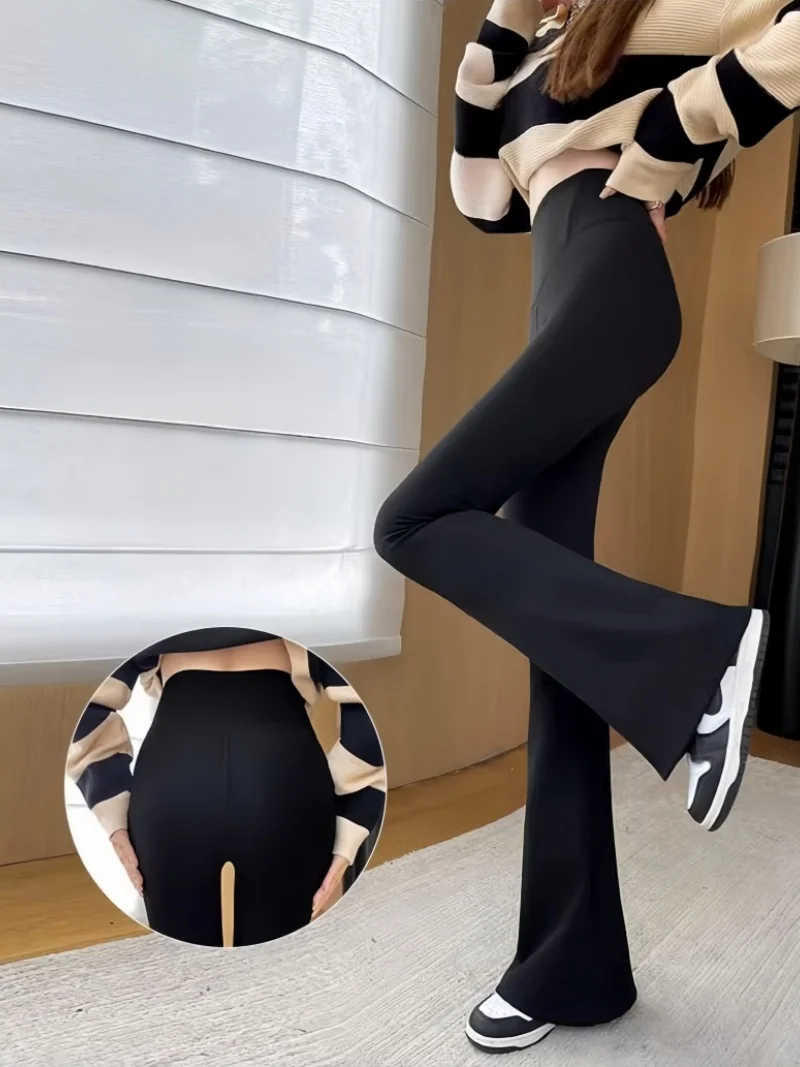 กางเกงแฟลร์ผู้หญิงทรงสลิมเอวสูงสีพื้นเซ็กซี่ทรงขาบานแฟชั่นลำลองสไตล์สตรีทแวร์ผ้ายืดกระชับสะโพก