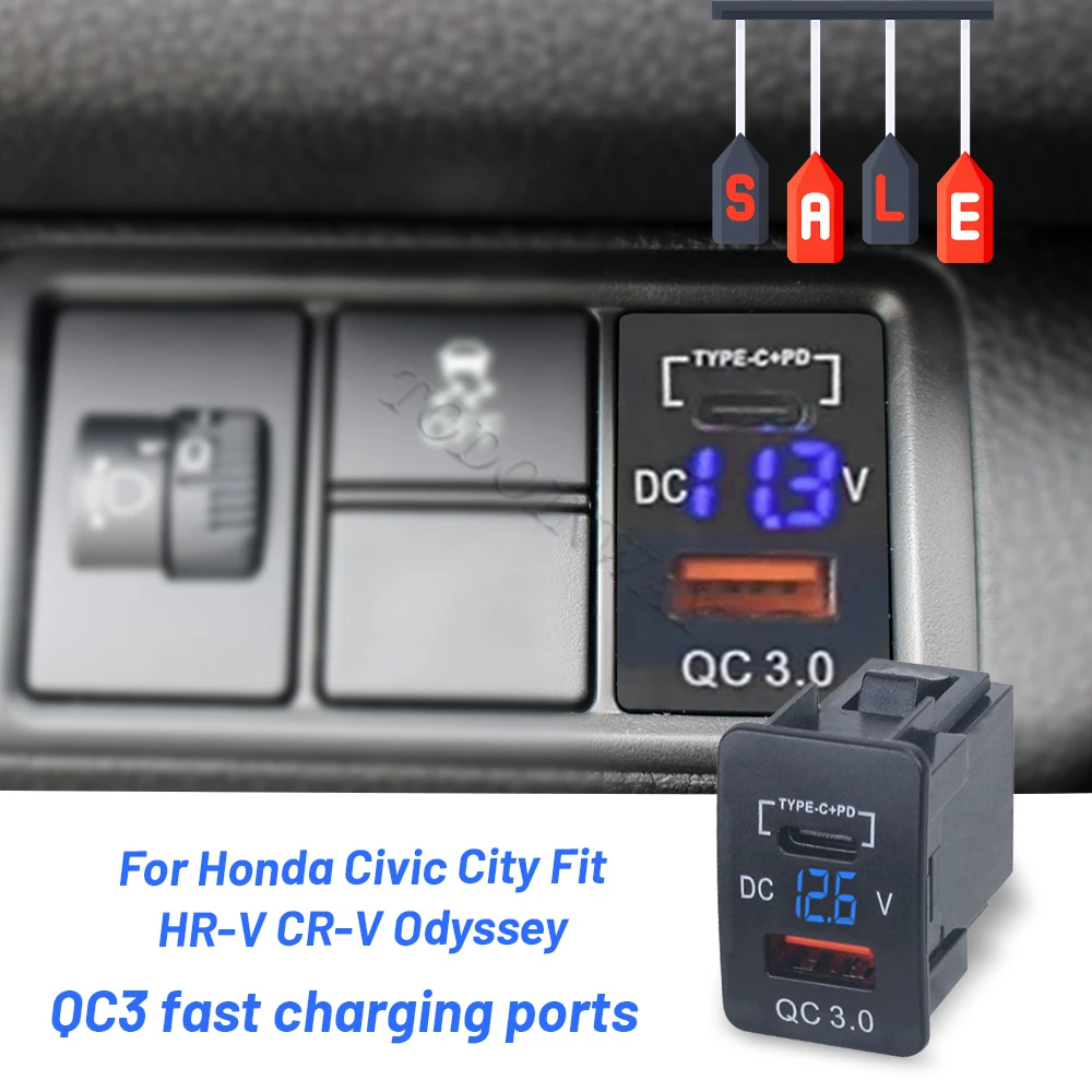 

Dual Usb Ports Type-C PD Usb Voltage Display Adapter for Honda Jade 2013 XR-V Avancier 2017 CR-V MK10 Civic Greiz Accesorios