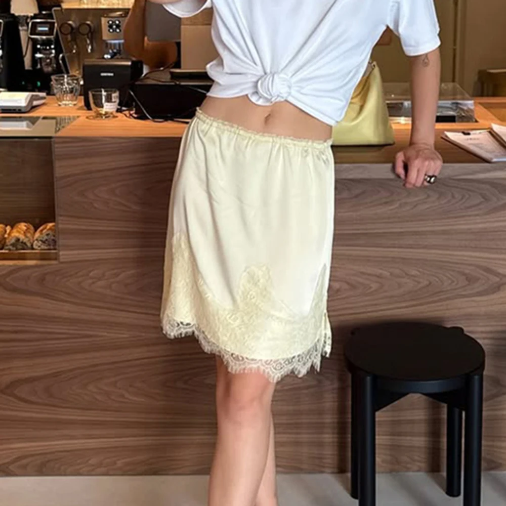 Tuularose Fashion Satin Mini Skirt Women's New Lace Patchwork Elegant Skirt Autumn High Waist Solid  A-line Lace Skirt Outfits