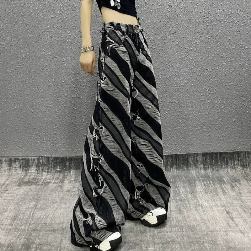 Women Distressed Patchwork Jeans Raw Hem Loose American Street Twill Denim Pants Hiphop Causal Gothic Harajuku Y2K Trousers