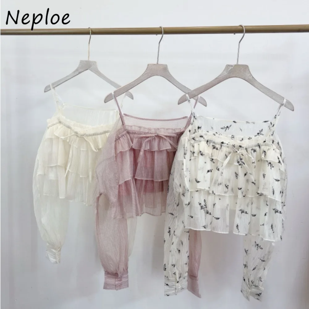 Neploe Sweet Puff Sleeve Chiffon Sets Shirt Casual Ruffles Square Collar Lace Up Sling Japan New Fresh Elegant Print Suit Tops