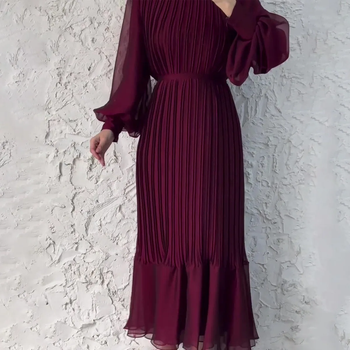 Chiffon Pleated Dress Women Abaya Kaftan Moroccan Big Swing Solid Eid Long Robe Jilbab Vestido Kaftan Islam Clothing Dresses