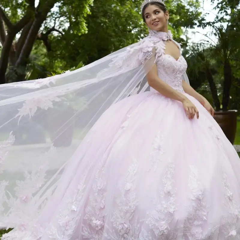 

Розовое бальное платье Quinceanera 2024 милое платье с шалью и цветами из бисера Vestidos