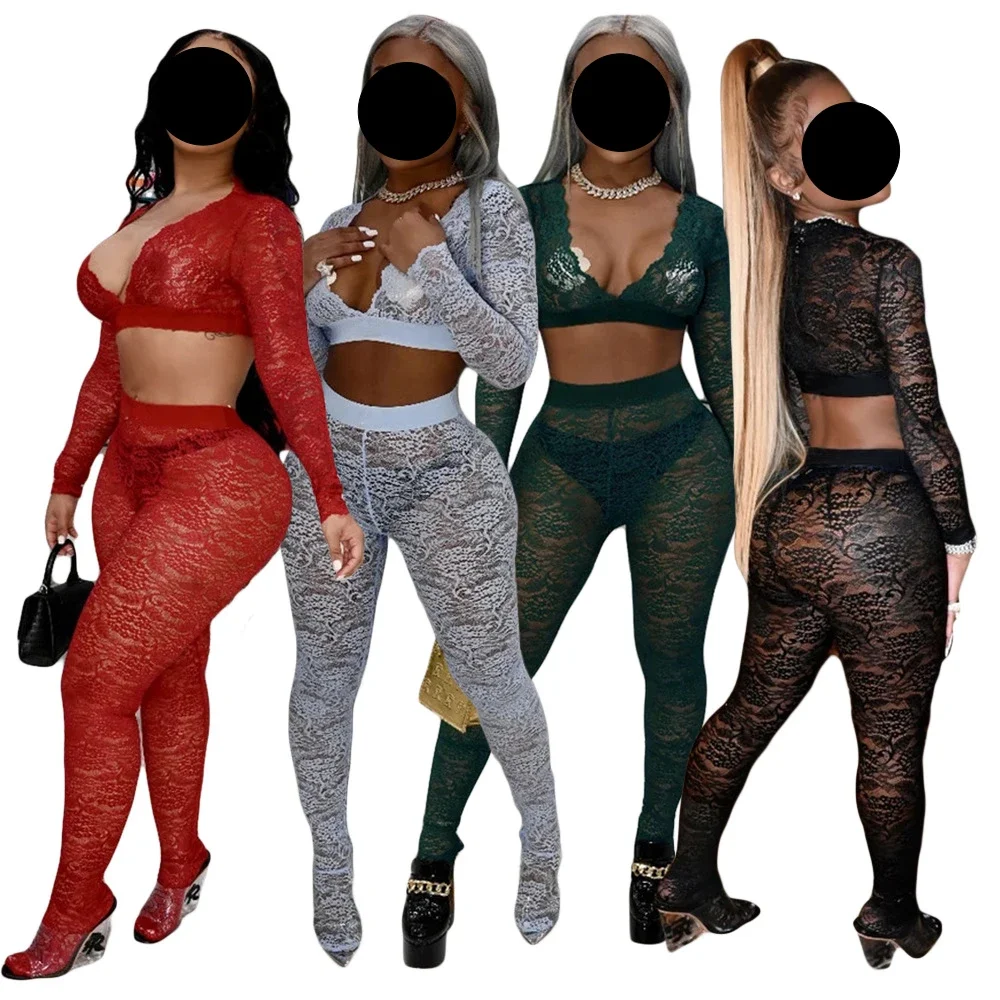 

Sexy Deep V-neck Lace Women Two Piece Sets Lace Long Sleeve T-shirt High Waist Pant Female Skinny Casual Pant Suit 2024