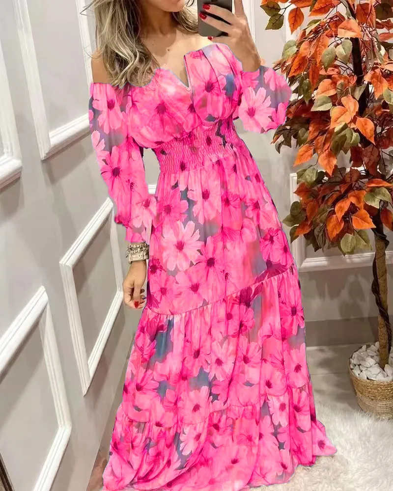 Women\'s Dresses 2022 Summer Vintage Print Off The Shoulder Casual V Neck Long Sleeved Waist Slim Maxi Dress