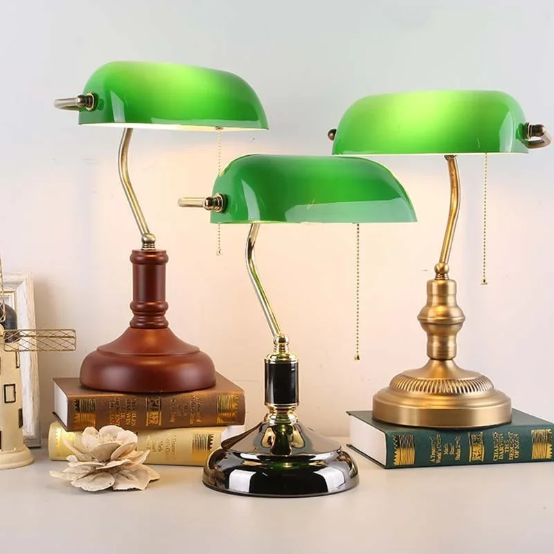 

Retro Literary Classical Banker Table Lamps Emerald Green Glass Red Wood Desk Lights Office Bedroom Night Reading Book Lighting