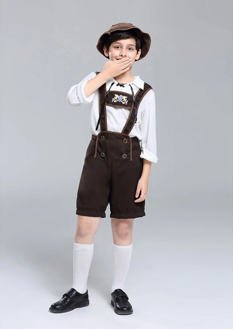 Classic Children Bavarian Lederhosen Oktoberfest Costume German Beer Boys Outfit Hat Top Suspender Shorts Set Halloween Costume