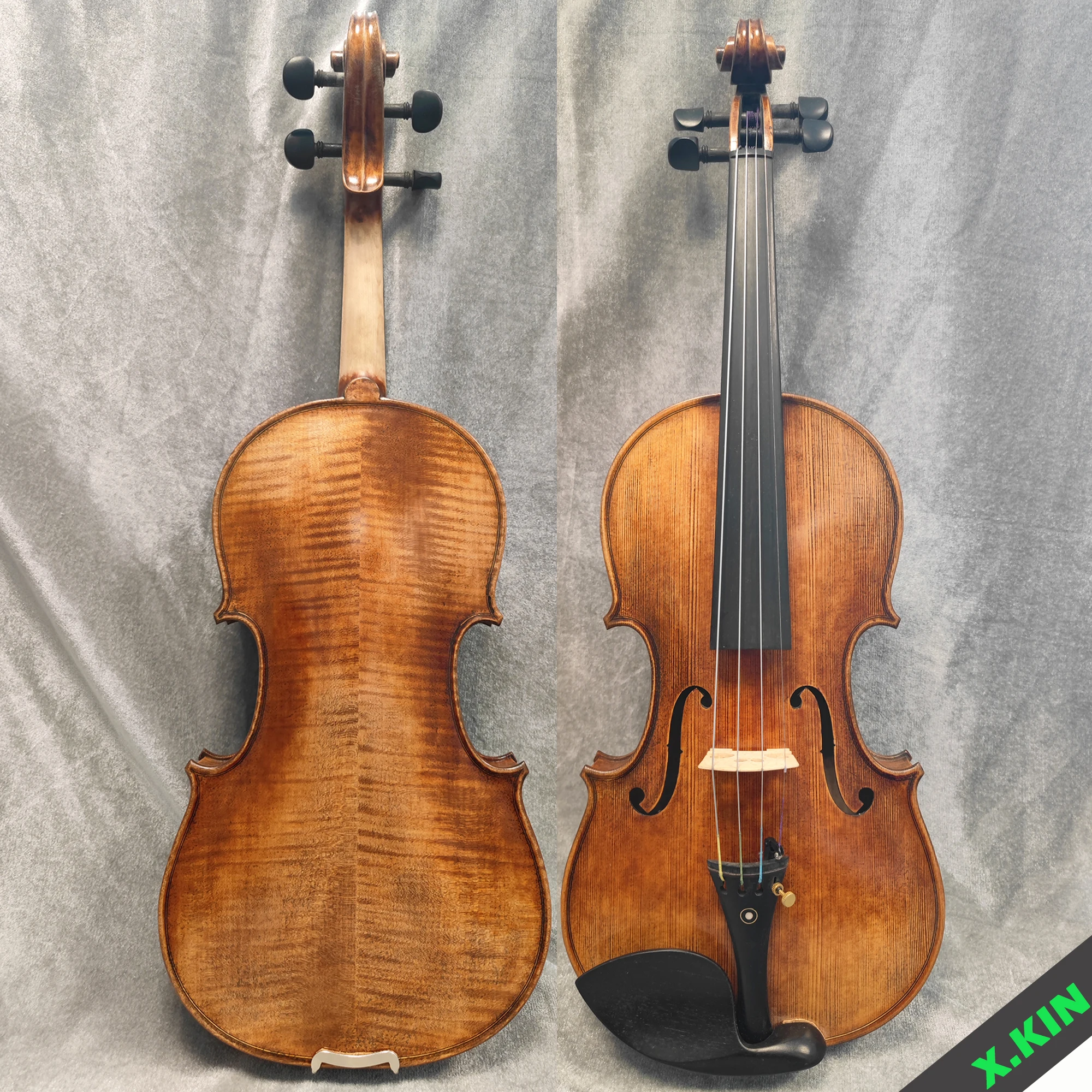 Professional 4/4 Handmade Violin, Flamed Two-Piece Back, Oil Varnish, Ebony Fittings, Complete Set with Case, Bow, Shoulder Rest