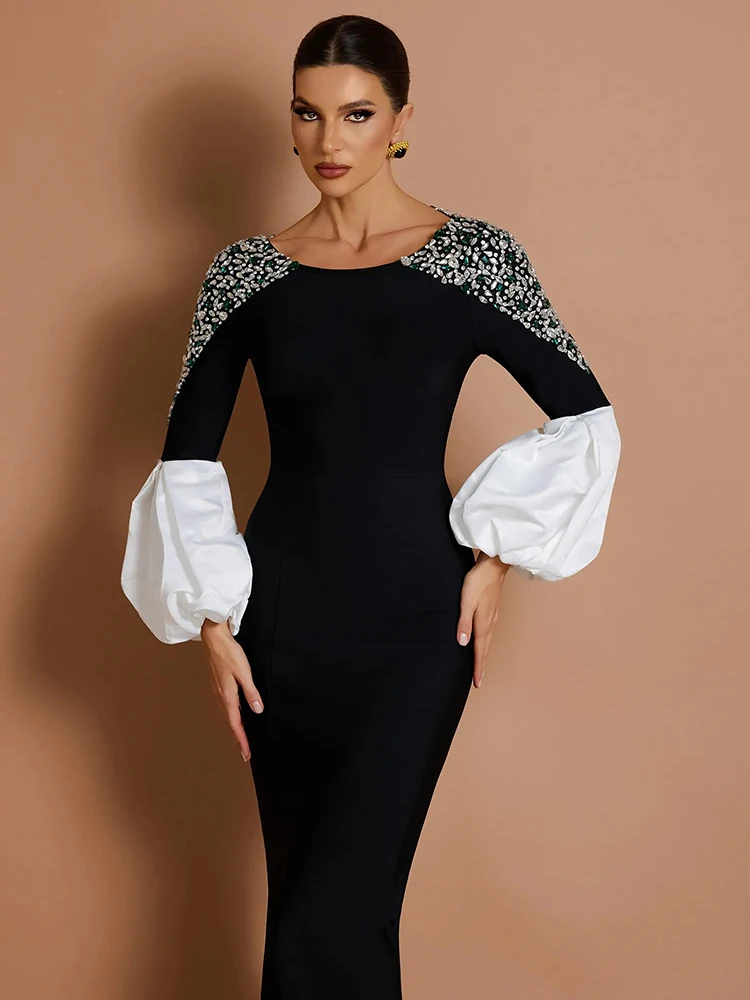 فستان ماكسي بأكمام واسعة من Art Gala Allure باللون الأسود والأبيض والكريستال #5