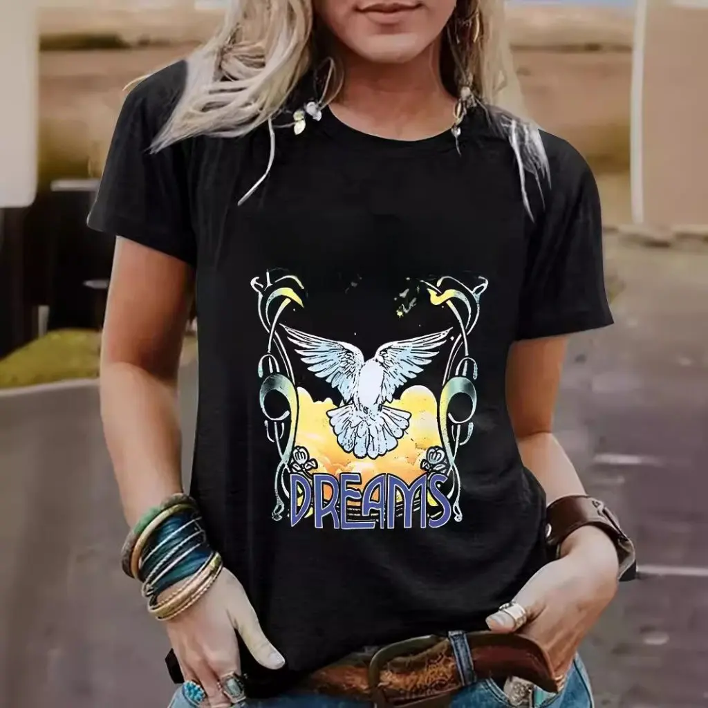 

Летняя женская футболка с голубиным узором, повседневный модный топ с круглым вырезом и короткими рукавами для электронной коммерции