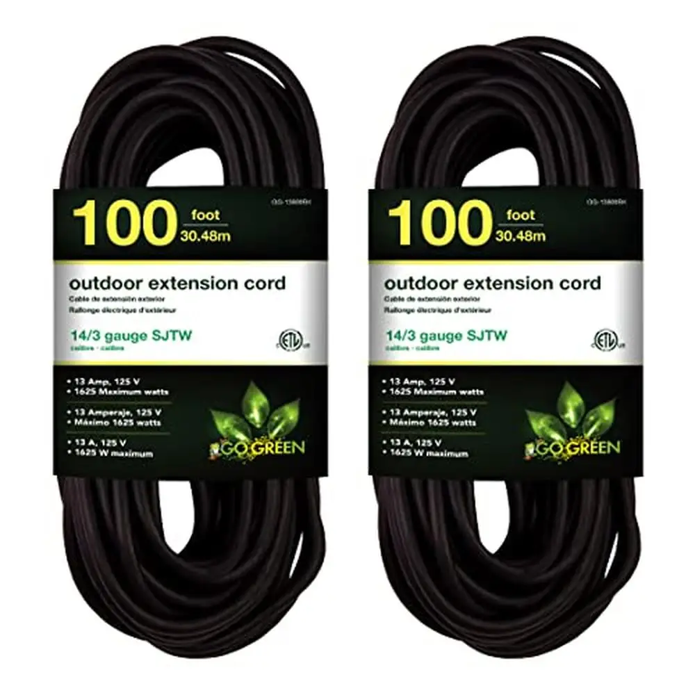 100 Ft Outdoor Extension Cord 2 Pack Moisture Resistant SJTW Cable Black 14/3 Contractor Grade Heavy Duty Voltage 125V 15A Amps